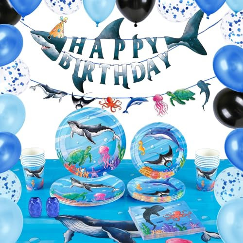 WERNNSAI Ocean Party Supplies - 88 PCS Under the Sea Party Decorations Ocean AnimalTableware Plates Napkins Tablecloth Shark Birthday Banner Ballons for Boys Kids Birthday Serves16 Guests
