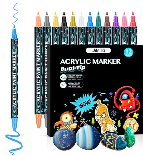 Duemste Acrylic Paint Pens Set,12 Colours Paint Markers, 1-5mm Extra Fine Dual Tip Acrylic Paint Pens for Rock Painting, Metal,Fabric,Ceramic,Porcelain,Glass,Canvas for Adults Kids