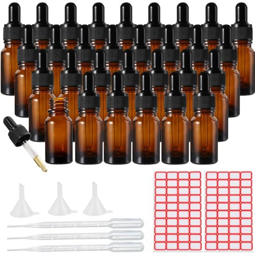LOSYHU 30PCS 15ml Dropper Bottle Amber Glass Bottles 0.5 oz Oil Dropper Bottles with Glass Pipettes Sample Dropper Bottle for Essential Oils Perfumes Liquids Chemistry Lab