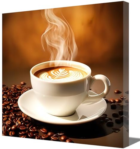 ZQQART Kaffee Leinwanddrucke braune Kaffeetasse Kaffeebohnen Gemälde warmes Essen Bild Küchenposter für Kaffeebar Café Wohnzimmer Büro Küche Wanddekoration gerahmt (40x40cm)