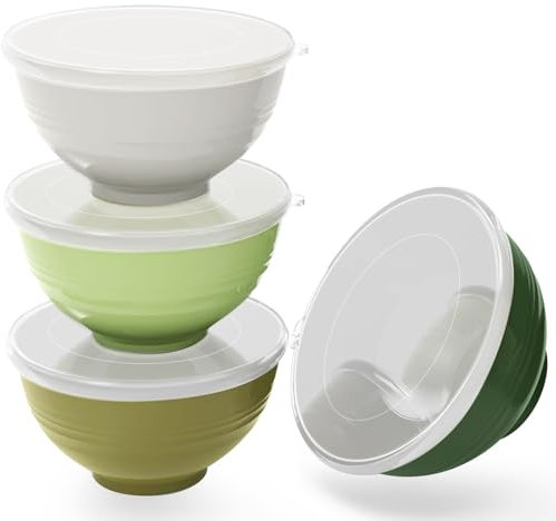 Greentainer Lot de 4 grands bols à céréales incassables avec couvercles - En plastique léger - Passe au lave-vaisselle et au micro-ondes - Pour céréales, salade, soupe, nouilles