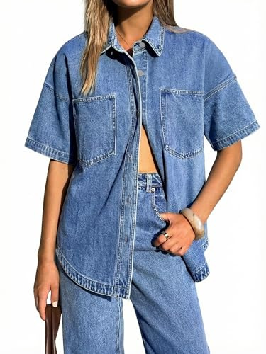 EMMIOL Button Down Shirts for Women - Short Sleeve Oversized Denim Shirts Business Casual Work Jean Tops Summer Clothes, Dark Blue, S