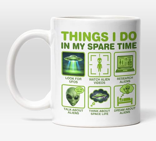 Millhouse Prints Things I Do in My Spare Time Aliens Mug – Funny UFO Enthusiast Coffee Cup – Green Extraterrestrial Obsession Design – 11oz Ceramic