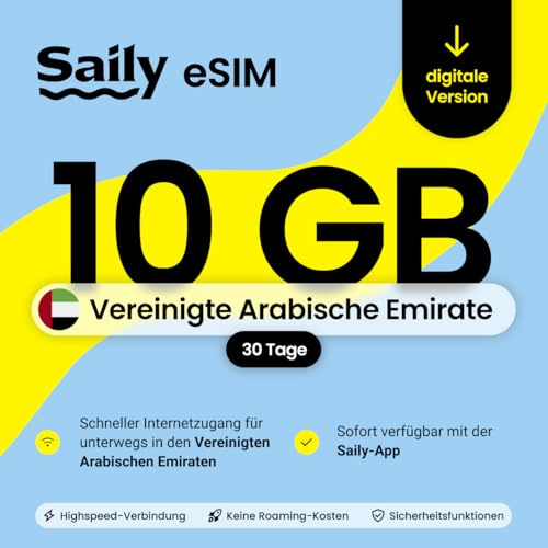 Saily, eSIM Datenpaket für die VAE, 10GB/30 Tage, Sicherheitsfunktionen, Digitaler Code │ Vereinigte Arabische Emirate