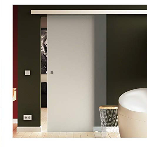 Glasschiebetür Komplettset 90x205 cm in ESG-Milchglas Levidor® EasySlide-System komplett. Laufschiene und Muschelgriffen, Schiebetür aus Glas für Innenbereich, in sehr hochwertiger Qualität. Glas & Schienensystem Made in Germany inkl. kompletten Zubehör Glastür, Zimmertür mit Griffmulde geschraubt, Komplettset