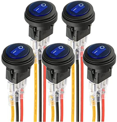 HUAREW Wasserdichter Rund Kippschalter,EIN-Aus Blau LED-Schalter 12V 20A SPST 3Pins Lichter Wippschalter,Mit Draht,Für Kraftfahrzeuge, Boot, Haushaltsgeräte(5 Stück)