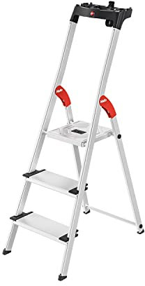 Hailo Stehleiter ComfortLine, 3 XXL-Stufen bis 150 kg, kleine Leiter aus Aluminium mit Ablage & tiefer Standfläche, klappbare Aluleiter rostfrei, Silber, Aktuelles Modell L80, Made in Germany