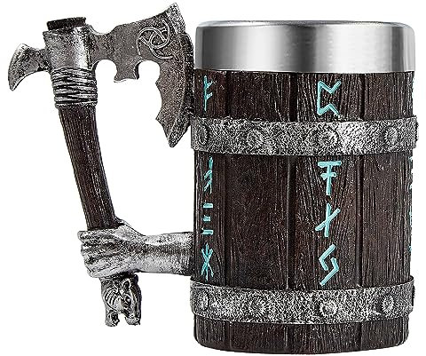 OTARTU Viking Mug with Axe Handle, Nordic Rune Oak Wooden Beer Stein, Stainless Steel 550ml, Viking Gift for Men, Father’s Day