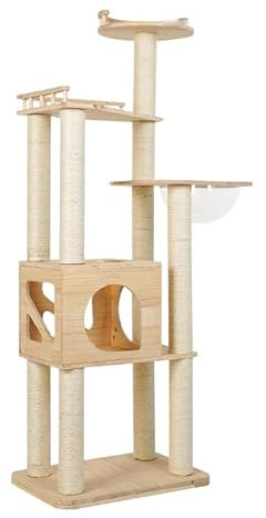 JooTech Katzenbaum | Kratzbaum | aus Holz | 5 Ebenen | Aussichtsplattform | Natur | 164,5 cm Hoch