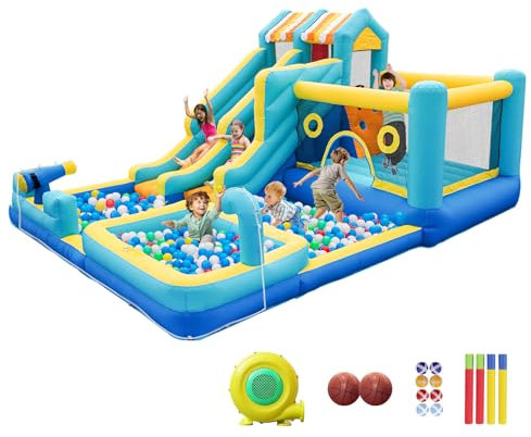 SportBob 10 en 1 Castillo Hinchable Grandes con Tobogán de Agua, Trampolín, Pared Escalada, Pistola de Agua, Piscina, Canasta Baloncesto para Niños Interior Exterior Jardín, 465x380x230 cm