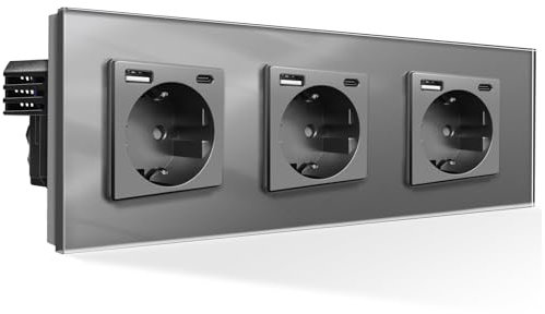 PANGTZEEN Schuko Steckdose mit USB A + Typ C 3 Fach Gehärtetem Glas 228mm Dreifach WandSteckdose 16A Typ-F Unterputz EinbauSteckdose Grau Für Schlafzimmer, Küche, Büro