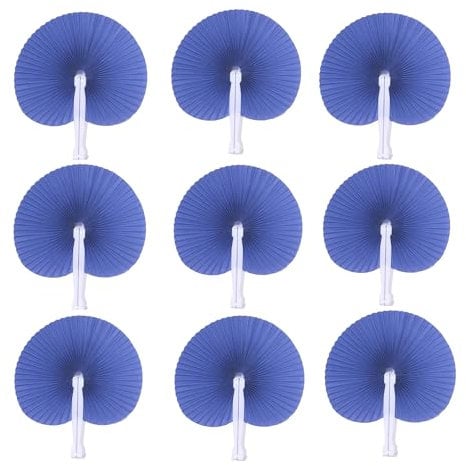 Bestage 12 Packs Decorative Paper Folding Hand Fans Handheld,Navy Round Foldable Wedding Fans Chinese and Japanese Fans Bulk for Bridal Guest Church Party Favors Dancing Birthday DIY