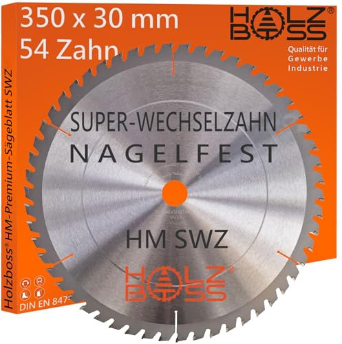 Holzboss ® HM-Sägeblatt 54 x Zahn nagelfest SWZ 350 x 30 mmØ Super-Wechselzahn HW Kreissägeblatt für 350x30 mm Wippsäge Tischkreissäge Brennholz mit Betonbeschlag Feinschnitt Holz Acrylglas