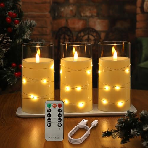EXTSUD 3 Stück LED Kerzen mit Lichterkette und Timer Aufladbare LED Kerzen mit Fernbedienung Flammenlose Led Kerzen für Wohnung Dekoration Weihnachten Geburtstag (Weiß)