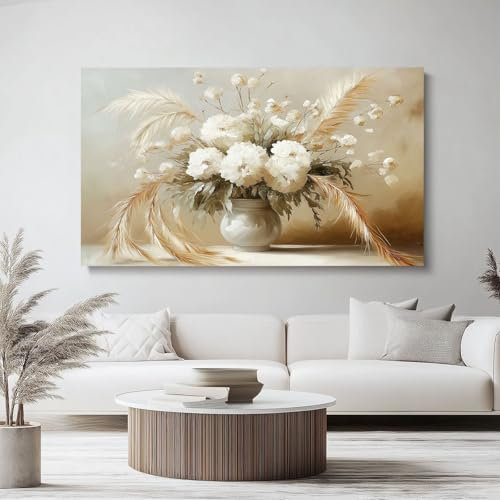 Leinwandbild Bilder Wohnzimmer Vintage Federn Pampasgras, 150L x 50B cm 1tlg, Deko Schlafzimmer Wanddekoration, Aesthetic Foto auf Leinwand, Beige