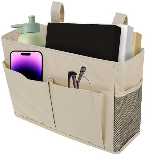 Bedside Hanging Storage Baskets Bed Pockets Large Multifunctional Bedside Organizer with Side Pockets for Home School College Dormitory Bunk Bed Clutter Sorting Magazine Book Storage Bag(Beige)