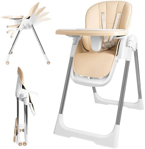WoRaum Chaise Bébé Pliante, Chaise Haute 4-en-1 Réglable en Hauteur, Siège Bébé avec Plateau Amovible, Roulettes & Harnais 5 Points, Chaise Haute Évolutive (Beige)