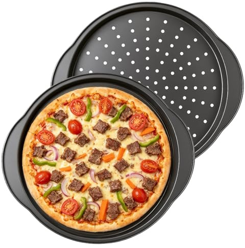 Trendecor 2 Pack Pizza Baking Tray Set,13 inch Large Pizza Trays for Oven Non Stick Round Pizza Pan with Holes and Handle, Carbon Steel, Dishwasher Safe, Easy to Clean