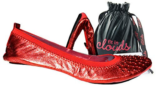Fit in Clouds Tragbare faltbare Ballerinas mit Druckknopfverzierung, mit Tragetasche, Rot/Ausflug, einfarbig (Getaway Solids), 43 EU