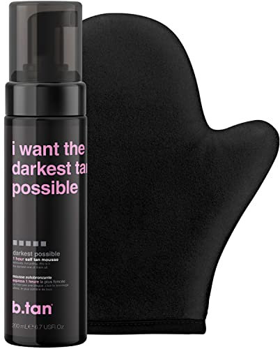 b.tan Dark Self Tanning Gift Set | Get The Darkest Tan Possible Kit - Best Express Fake Tan w/Mitt Applicator Glove, 1 Hour Face & Body Tanner Mousse, Instant Results, Vegan, Cruelty Free, 200ml