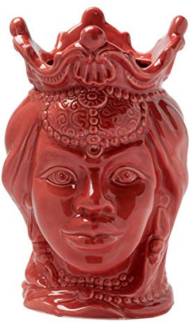 Baroni Home Cabeza de moro de cerámica de estilo siciliano pintado a mano, maceta monocromática para plantas de interior, adorno de diseño, estilo italiano, reina roja coral, 15 x 15 x 24 cm