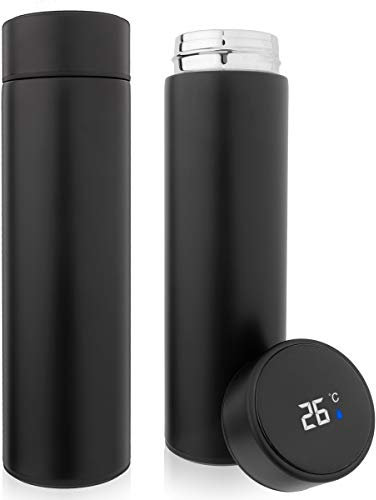 QiCheng&LYS 500ML Travel Mug with Temperature Display 304 Stainless Steel, Double Walled Vacuum Insulation Cup for Heat and Cold Water (Black)