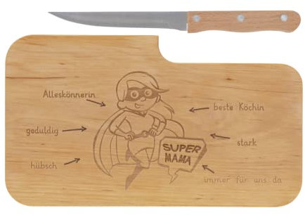 LASERHELD Wooden Bread Board with Engraving Supermama and Knife 26 x 15 cm Breakfast Board Wooden Chopping Board Lunch Board Mother's Day Gift for Mum