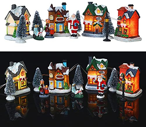 Tianbi Weihnachtsdorf-Set, LED-Weihnachtsdorfhaus, 10-teiliges Harz-Weihnachtsszenen-Dorf, LED-beleuchtete Miniaturhäuser-Stadt, Weihnachtsfiguren-Ornament