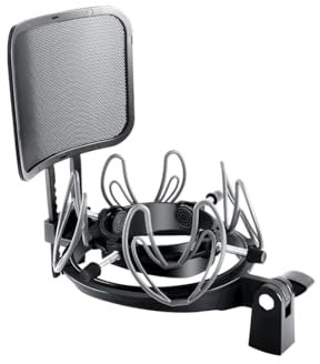 SUUNTOK Universal Microphone Shock Mount with Pop Filter for Condenser Microphones Size at 21-62mm Anti-Vibration Mic Holder Clip(Black)