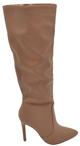 Stivali Alti Donna al Ginocchio in Pelle Beige Nude a Punta Tacco a Spillo 12 cm Zip Lunga Aderente Moda Linea Basic (37 EU)