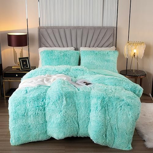 EMME Plüsch Bettwäsche Set 200x200cm Biber Flauschige Bettdecke Set für Bett Shaggy und Plüsch weiche Bettwäsche Bettbezüge und 1 Kissenbezug 2 x (80x80cm), Aqua Ombre