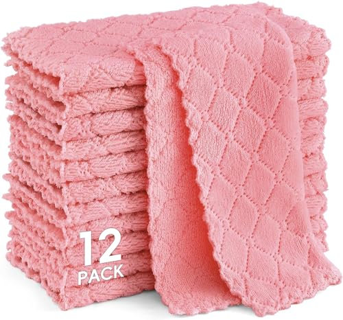 Moosfor Reinigungstücher Mikrofasertücher Waschbar Putzlappen Mikrofaser Weiche Fusselfrei Geschirrtücher Lappen Küchentücher, 12 Stück, 25x25 cm, Rosa