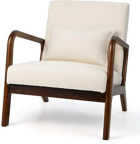 RELAX4LIFE Padded Accent Armchair, Wooden Upholstered Single Lounge Chair with Thick Seat & Anti-slip Pads, Leisure Sofa Chair for Living Room Bedroom Office (Beige, With Lumbar Support)