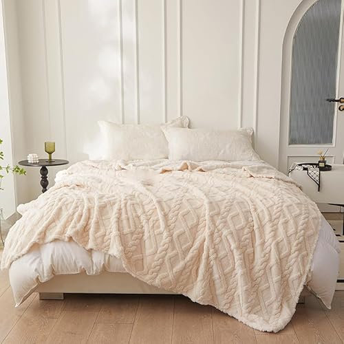 BlessLiving Sherpa Cable Knit Throw Blanket, Chunky Knitted Blanket Soft Cozy Warm Winter Fleece Throw Blankets for Kids Girls Women, Cream Ivory, 100x150cm