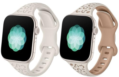 MoKo 2PZ Cinturino Orologio Compatibile con Apple Watch Series 9 8 7 6 5 4 3 2 1 SE 38/40/41mm, Cinturino di Ricambio con Incisione leopardiana, Cinturino Sottile in Silicone,RosaStellato/LuceStellare