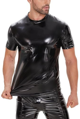SDGHH-8MMDM Herren Latex T-Shirt Lederoptik Männer Shirt Unterhemd Kurzarm Unterwäsche Stretch Hemd Tops Clubwear Guywear Freizeithemd Sommer Muskel Top Lack-Leder