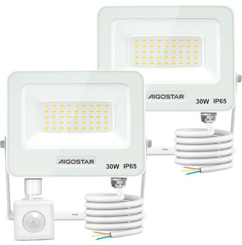 Aigostar 30W Foco LED Exterior con Sensor Movimiento PIR Blanco，2 piezas，2750LM Super Brillo Proyector LED Interior， IP65 Impermeable，Blanco Natural 4000K，Luz de Seguridad para Jardín，Patio，Garaje