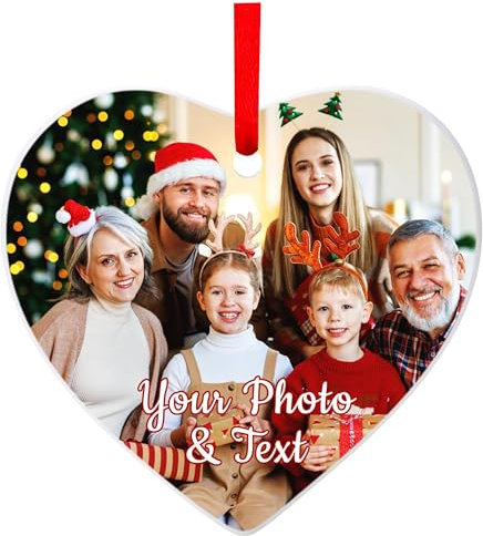 EKAM Personalised Christmas Tree Decorations With Photo Baubles 2024 - Xmas Photo Gifts Ornament for Trees - Gifts for Mom Dad Family Kids Friends (Heart)