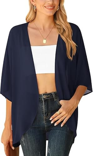 YGJIEGENG Womens Lightweight Sheer Chiffon Kimono Cover up Puff Sleeve Cardigans Shawl Tops,Navy Blue XL
