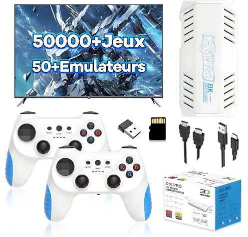X10 Pro Console de Jeu Rétro 128 Go, Manette de Jeu avec 50 000+ Jeux Rétro Intégrés et 50+ Émulateurs, Émulateur Vidéo Plug and Play, Manette de Jeu avec 2 Manettes sans Fil 2,4 GHz pour TV (Blanc)