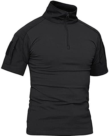 KEFITEVD Taktisch Shirt Herren Kurzarm Militär T-Shirt Stehkragen Atmungsaktiv Tactical Hemd Airsoft Uniform Arbeitsshirt Outdoor Schwarz L