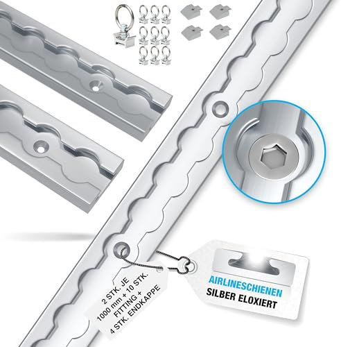 2 Stück je 1 m | Airlineschiene eckig | mit Bohrungen | Alu | 1000mm | inkl 10 Stück Fitting, einfach + 4 Stück Endkappe | Ladungssicherung für LKWs und Wohnmobile | Gebohrte Zurrschiene | eloxiert