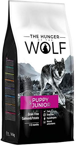 The Hunger of the Wolf Hundefutter für Welpen und Junghunde aller Rassen und für Hunde mit Allergien, Fein zubereitetes Trockenfutter ohne Getreide mit Lachs und Kartoffeln - 14kg