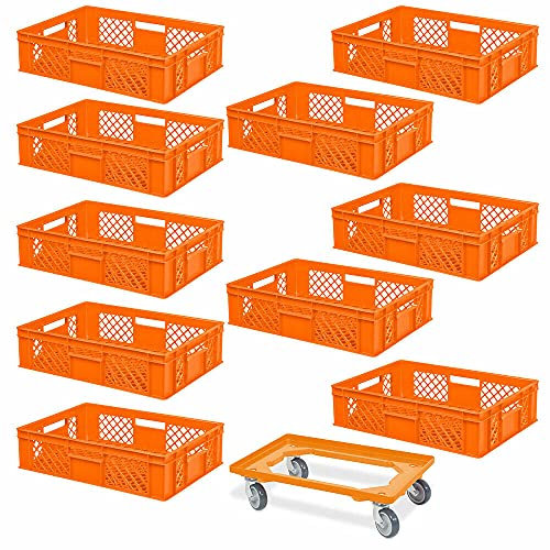 BRB 10 Eurobehälter, LxBxH 600x400x150 mm, Industriequalität, lebensmittelecht + 1 Transportroller mit Deck aus bruchsicherem ABS-Kunststoff (orange/orange)