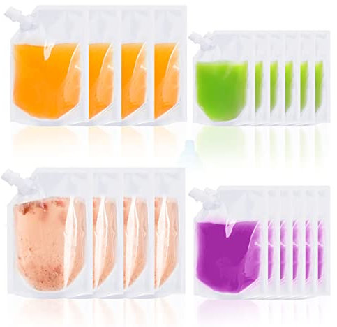 TSHAOUN 20pcs pochettes pour boissons en plastique réutilisables pour les festivals les voyages, le camping, les pique-niques, les fêtes, 250 ml, 350 ml, 420 ml, 500 ml