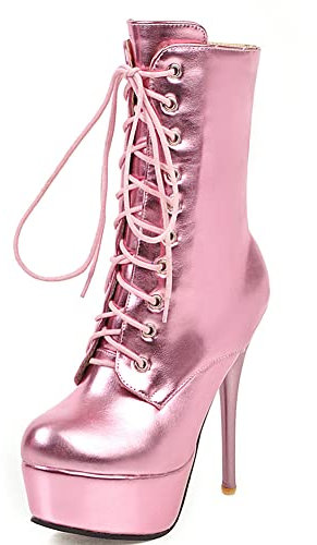 PAUVAODY Mode Damen Stiefel Plateau Stiletto H?he Ferse Mid Stiefel Schnüren Abend Party Heels Knee Hohe Stiefel Zipper Hochzeit Stiefel Pink Size 42
