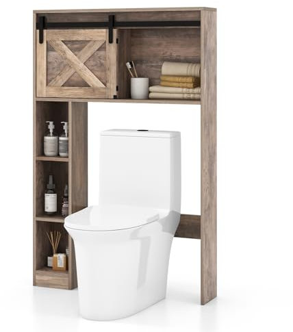Giantex Meuble de Rangement au-Dessus des Toilettes, Armoire au-Dessus des Toilettes Industriel avec Porte Coulissante, Étagères Ouvertes, Dispositif Anti-Basculement, pour Salle de Bain, Buanderie