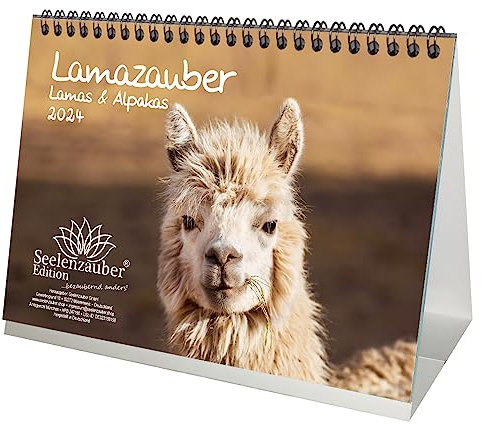 Lamazauber DIN A5 Tischkalender für 2024 Lama Alpaka - Geschenkset Inhalt: 1x Kalender, 1x Weihnachts- und 1x Grußkarte (insgesamt 3 Teile)