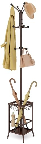 Hoctieon Coat Rack Freestanding, Coat Tree with Umbrella Holder, Metal Coat Rack Stand with 12 Hooks, Standing Coat Hanger Stand, Umbrella Stand for Entryway, Hat Rack Stand for Home Office, Brown