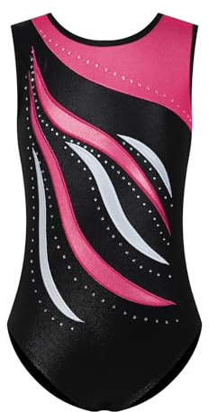 ESHOO Girls One-Piece Striped Gymnastics Ballet Leotards Shinning Diamond Embroidered (Hot pink,120/5-6Y)